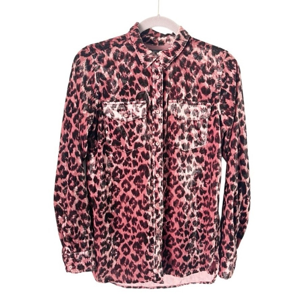 J. Crew Animal Print Leopard Velvet Drapey Button Down Shirt Size 4T Tall J9326
